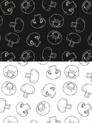 doodle pattern with mushrooms, poster for canteen, restaurant, cafe on black and white background
