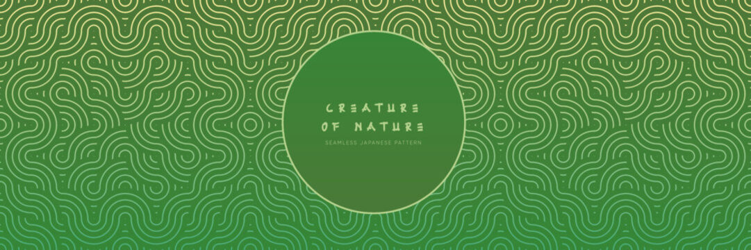 Lucky shamrock seamless pattern in oriental geometric style. Green and yellow natural pattern with wavy leaves asian ornament. Vector line graphic repeatable art.