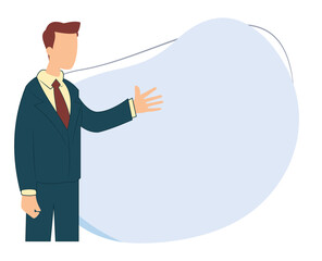 illustration of cartoon standing man in suit with pointing finger at blank screen isolated on white background