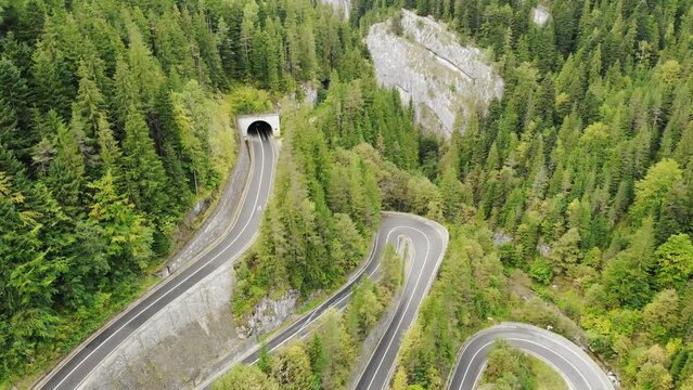 Panorama Of A Winding Road In Bicaz Gorge, Romania. Aerial Drone Shot
