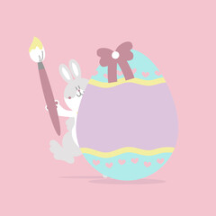happy easter festival with animal pet bunny rabbit, paintbrush and egg, pastel color, flat vector illustration cartoon character