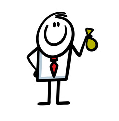 Man in a business suit and tie holds a small bag of cash in his hand and smiles.