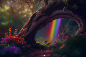 illustration of magic forest with rainbow and tree . AI