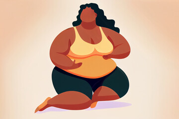 cartoon style illustration of plus size woman in sporty clothes doing yoga body positive concept. AI