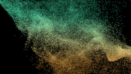 3D rendering of burst of colorful particles with vibrant color in turbulent formation on black background.