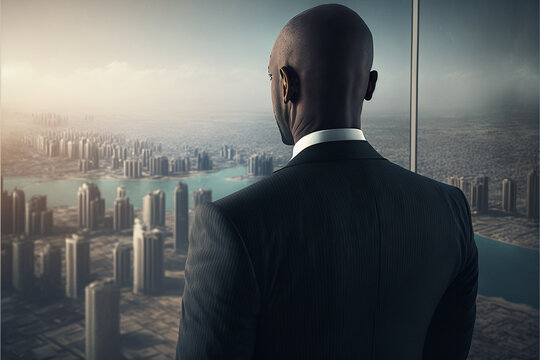 North-African businessman in a suit, mid-thirties viewing city from 104th floor of a sky scraper, we see only his back . Generative AI