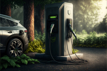 Fototapeta na wymiar electric car charging station, front view. Generative AI