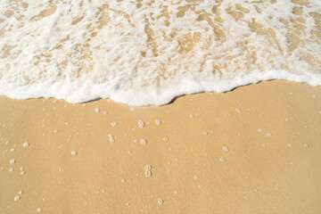 Close-up of a beach with a calm transparent wave. Romantic sea coast with golden sand.