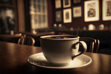 Obraz premium Cup Of Coffee On Coffee Shop Table Generative AI