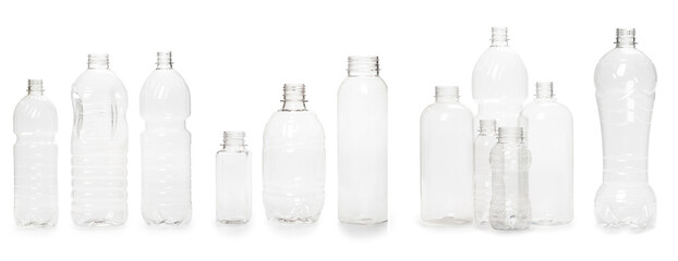 selection of quality photo collage of many different empty plastic bottles isolated on white background. production of new containers - Powered by Adobe