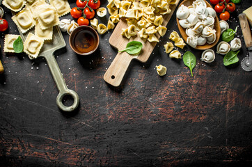 Different kinds of traditional Italian raw pasta.