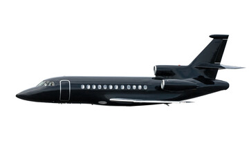 Modern black executive luxury business jet flies isolated on transparent background