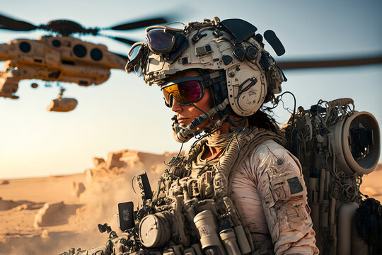 A Female Operator Disembarks an Apache Helicopter in Style: Generative AI