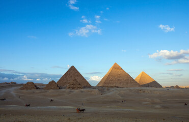 All three main pyramids of Giza. Pyramid of Menkaure, of Khafre or Chephren, of Khufu or Cheops and...