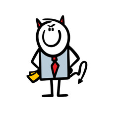 Chief of the devil with horns and tail smiles maliciously and holds documents in his hands.