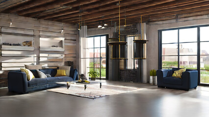 Fototapeta premium postmodern living room interior in loft, industrial style, vintage, Generative AI