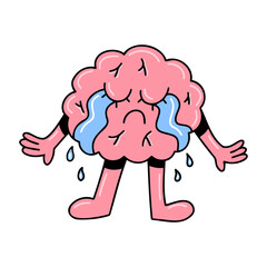 Brain emotion vector cartoon character cute face sad upset unhappy crying tears depressed stress trouble isolated on white background