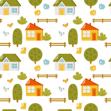 Seamless pattern with village houses, chickens and sheeps. Vector illustration