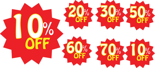 Sale tag speech bubble red shape with different discount set 10, 20, 30, 40, 50, 60, 70, 80, and 90 percent price clearance  sticker badge banner label vector illustration isolated
