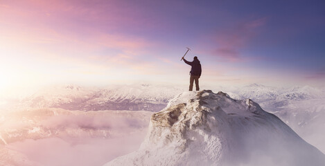 Adventurous Man Hiker standing on top of icy peak with rocky mountains in background. Adventure Composite. 3d Rendering rocks. Image of landscape from BC, Canada. Sunset Sky. 3D Illustration