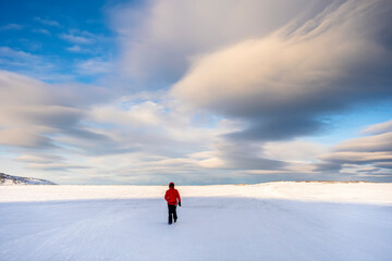 Fototapeta na wymiar The coast of the Barents Sea at the end of February. Teriberka, Russia. Walk along the coast of the Barents Sea