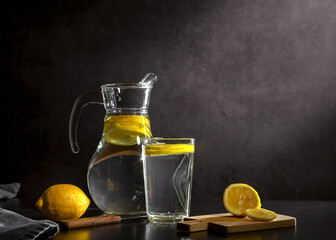 Water with lemon in a glass jug and in a glass on a dark background. Useful drink for health