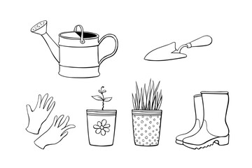 Vector set of garden tools: watering can, protective gloves, rubber boots, scoop, pots with sprout, seedlings. Hand drawn outline doodle illustration. Clip arts of gardening work theme