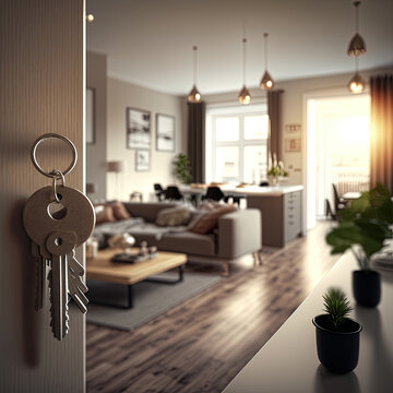 Open door to a new apartment with key. Mortgage, investment, rent, real estate, property concept. Made with Generative AI