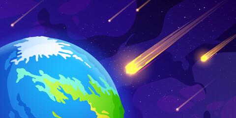Many asteroids flying towards Earth in outer space. Vector cartoon illustration of rocky meteors with fire trails approaching planet surface, dark sky background with many stars. Apocalypse danger © klyaksun