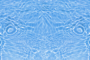 Defocus blurred transparent blue colored clear calm water surface texture with splashes and bubbles. Trendy abstract nature background. Water waves in sunlight with caustics. Blue water shinning 