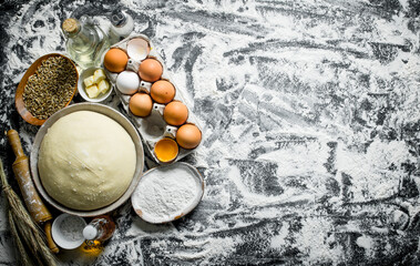 Dough with eggs, butter and grain in bowls.
