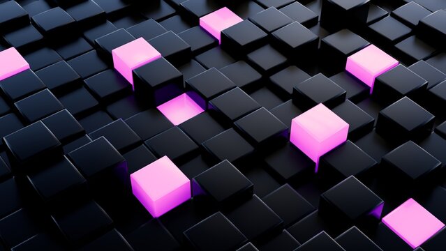 Black 3D Abstract cubes with pink glowing cubes background Illustration