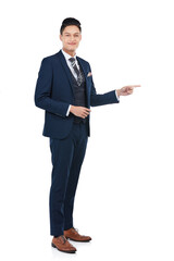 Smile, portrait or pointing businessman on isolated white background, marketing space or advertising mockup. Happy, asian and corporate worker face with show hand gesture at financial investment deal