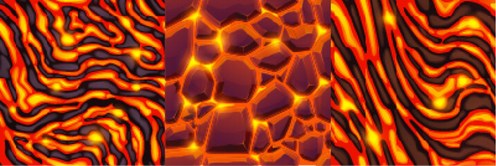 Textures of lava, magma and stones. Seamless patterns of volcano rock surface with cracks and flows of hot molten liquid lava in top view, vector cartoon illustration