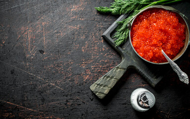 Red caviar in bowl with spoon, dill and salt.