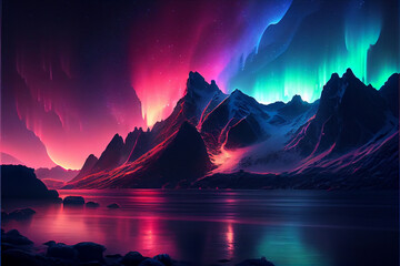Fototapeta na wymiar Fantasy landscape with aurora lights. generative ai