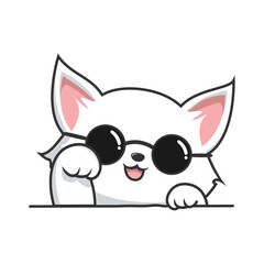 White Cat Waving Paws Hand - Cute White Pussy Cat with Circle Glasses