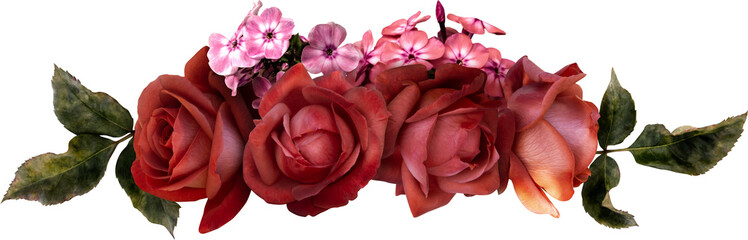 Red roses isolated on a transparent background. Png file.  Floral arrangement, bouquet of garden...
