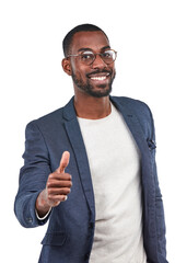 Businessman, portrait or thumbs up in success, vote mockup or mission goals on isolated white...