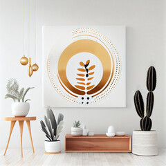 Stylish and modern boho interior of living room with mock up photo frames, Bohemian concept. Mockup ready to use. Generative AI