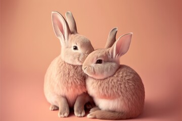Fototapeta na wymiar Two loving rabbits kissing. Love symbol. Pink background. Gererative AI