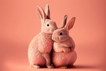 Obraz premium Two loving rabbits kissing. Love symbol. Pink background. Gererative AI