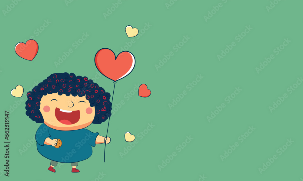 Poster Cheerful Girl Standing With Heart Shape Balloons On Pastel Green Background And Copy Space.