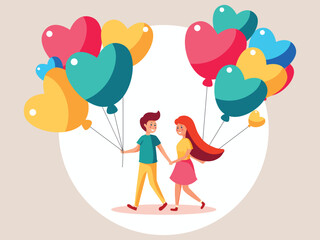 Obraz na płótnie Canvas Walking Boy Holding Partner Hand With Heart Shape Balloons Against White And Beige Background. Happy Valentine's Day Concept.
