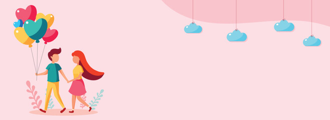 Walking Boy Holding Heart Balloons With Partner Hand, Hanging Clouds, Leaves on Pastel Pink Background And Copy Space. Happy Valentine's Day Concept.