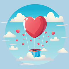 Illustration Of Red Heart Shape Balloons With Clouds Against Pastel Blue Circle Background. Love Or Valentine Concept.