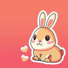 Sticker Style Cute Rabbit Or Bunny Sitting With Hearts On Pastel Red Background. Love Or Valentine's Day Concept.