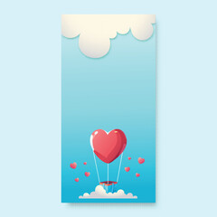 Illustration Of Red Heart Shape Balloons With Clouds On Turquoise Background. Love Or Valentine Concept.