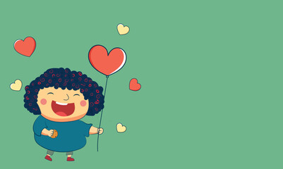 Cheerful Girl Standing With Heart Shape Balloons On Pastel Green Background And Copy Space.