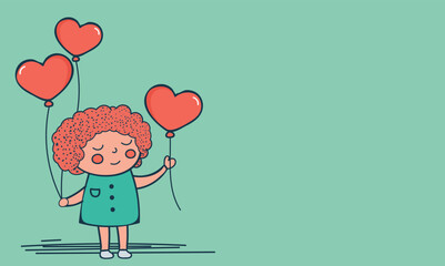 Cute Little Girl Holding Hearts Balloons On Pastel Green Background And Copy Space.